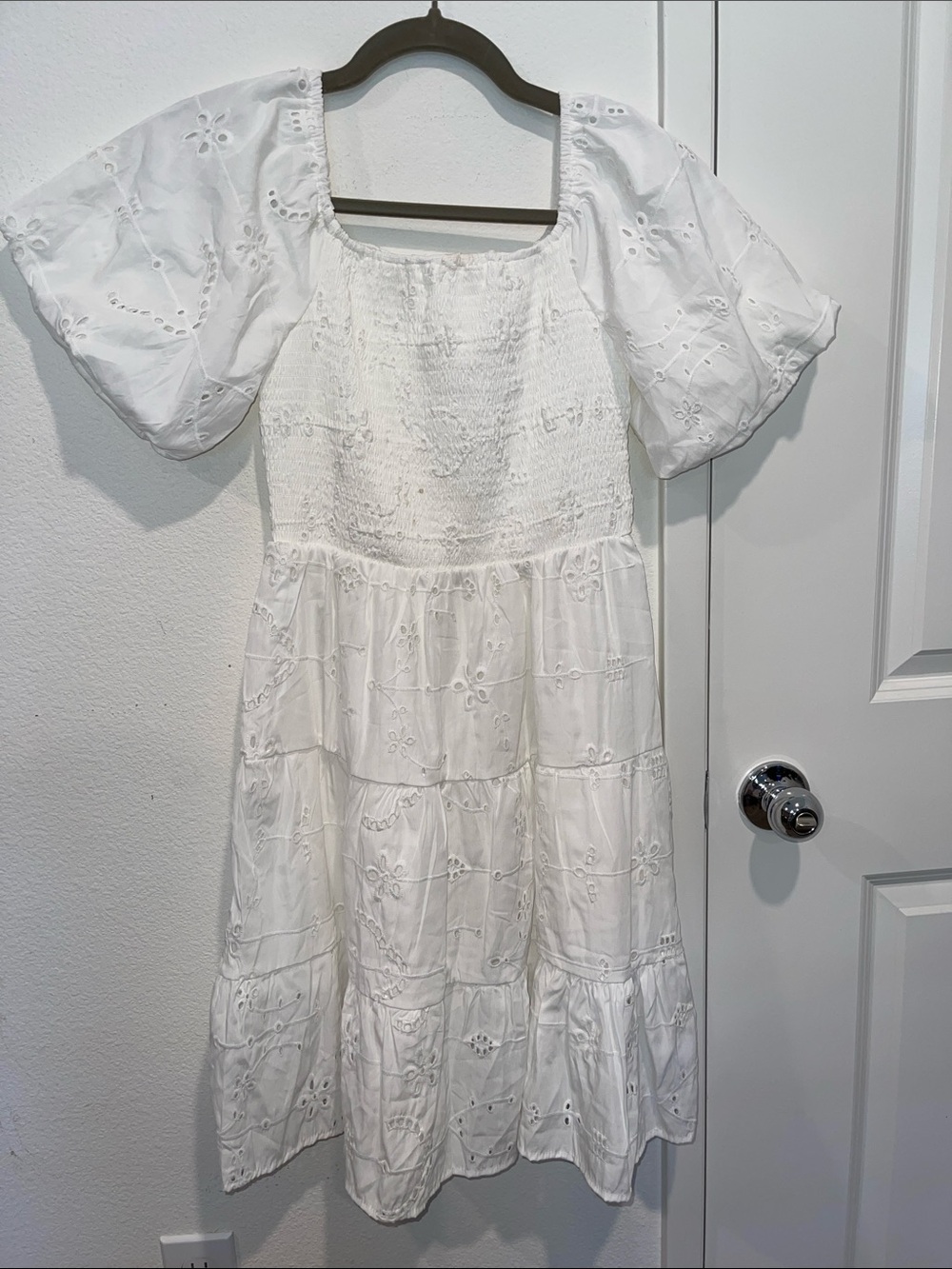 White Eyelet Puff Sleeve Midi Dress